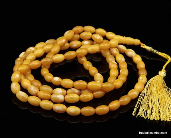 Islamic 99 Prayer Egg Yolk OLIVE Baltic amber beads rosary