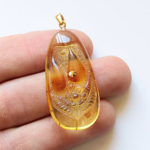 Fly Insect in Carved Amulet Baltic amber fossil pendant